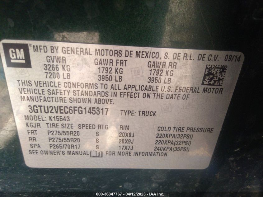 2015 GMC Sierra 1500 Slt VIN: 3GTU2VEC6FG145317 Lot: 36347767