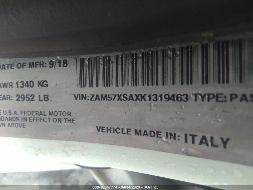2019 Maserati Ghibli VIN: ZAM57XSAXK1319463 Lot: 36347774