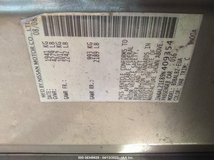 2009 Nissan Altima 2.5 S VIN: 1N4AL21E89N409354 Lot: 36348628