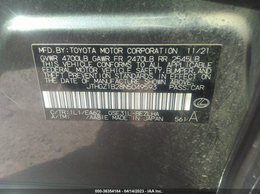 2022 LEXUS IS 350 F SPORT - JTHGZ1B28N5049593