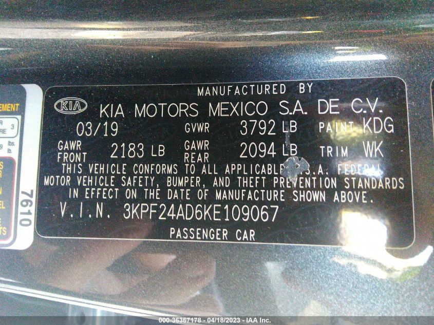 2019 Kia Forte Lxs VIN: 3KPF24AD6KE109067 Lot: 36367178