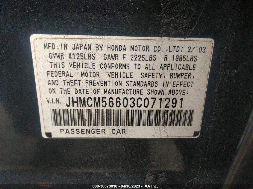 2003 Honda Accord 2.4 Ex VIN: JHMCM56603C071291 Lot: 36373010