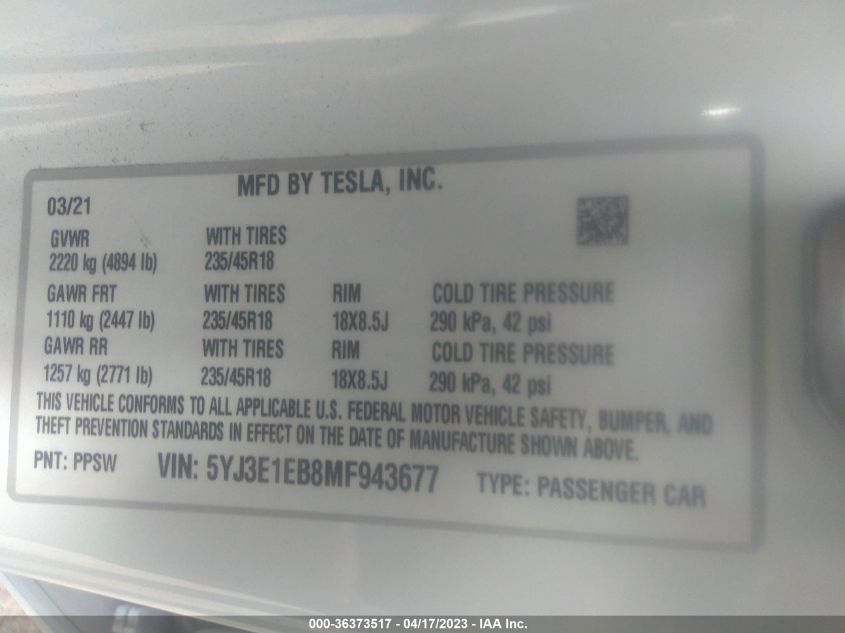 2021 Tesla Model 3 Long Range Dual Motor All-Wheel Drive VIN: 5YJ3E1EB8MF943677 Lot: 36373517