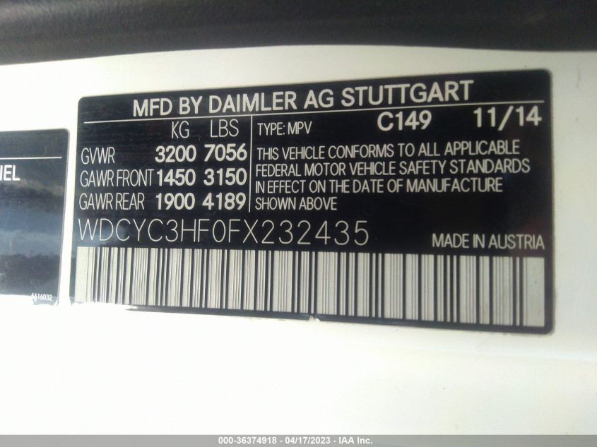 VIN WDCYC3HF0FX232435 2015 Mercedes-Benz G-Class, G... no.9