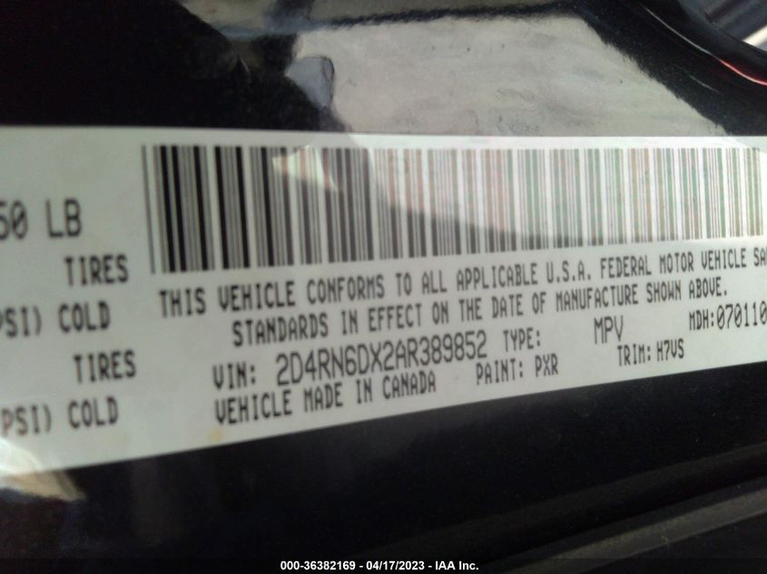 2010 Dodge Grand Caravan Crew VIN: 2D4RN6DX2AR389852 Lot: 36382169