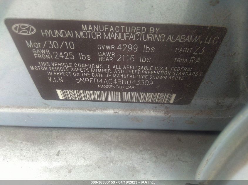 2011 Hyundai Sonata Gls VIN: 5NPEB4AC4BH043309 Lot: 36383159