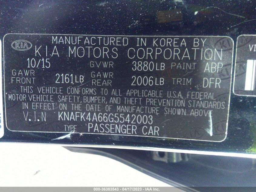 KNAFK4A66G5542003 2016 Kia Forte Lx