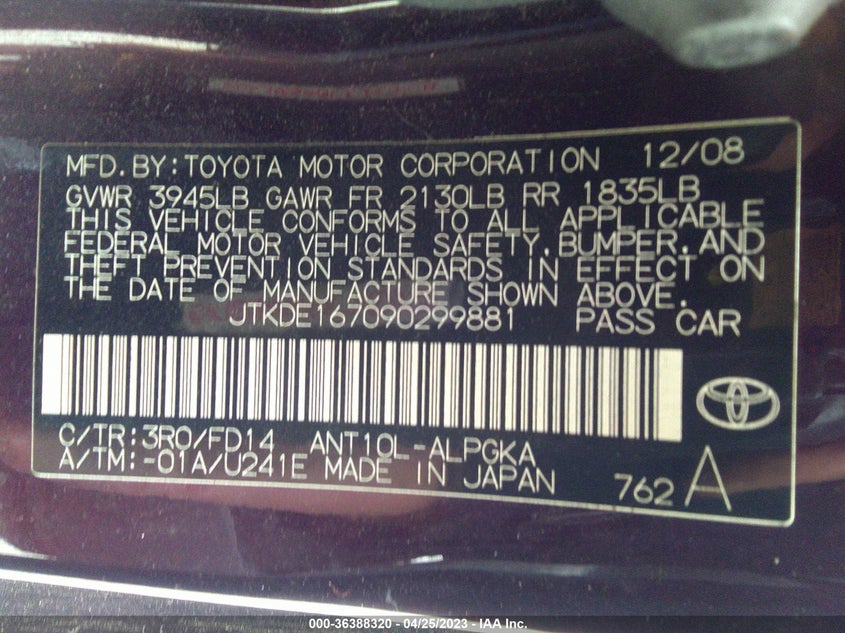 2009 SCION TC VIN: JTKDE167090299881