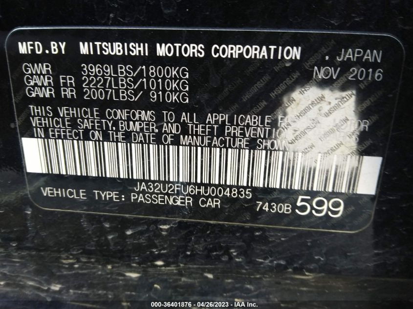 JA32U2FU6HU004835 2017 Mitsubishi Lancer Es/Le