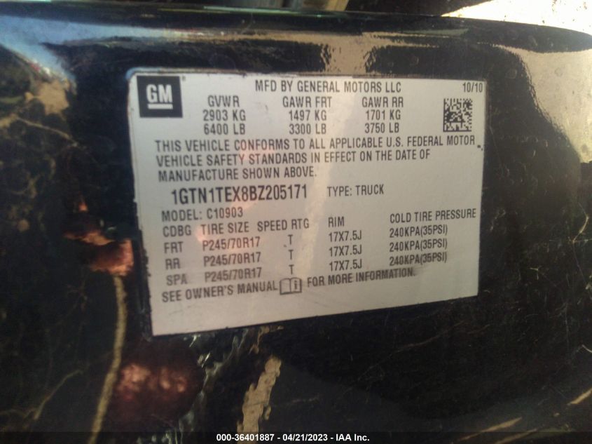2011 GMC Sierra 1500 Work Truck VIN: 1GTN1TEX8BZ205171 Lot: 36401887