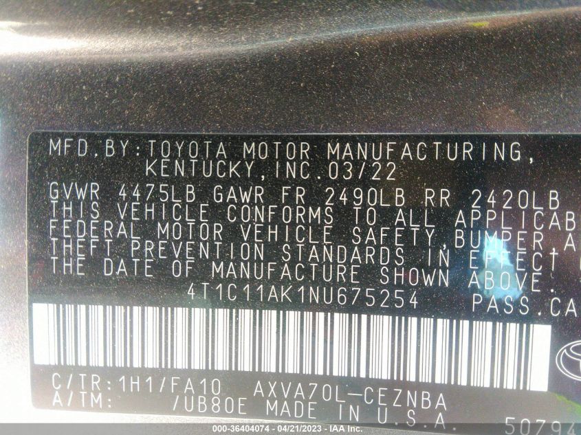 4T1C11AK1NU675254 2022 Toyota Camry Le