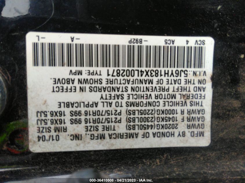 5J6YH183X4L002871 2004 Honda Element Lx