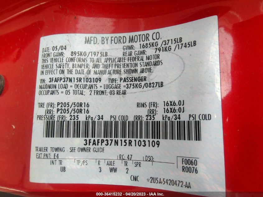 3FAFP37N15R103109 2005 Ford Focus Zx5