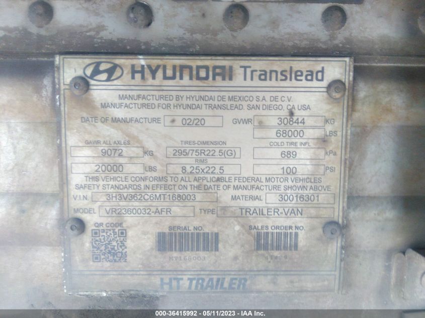 2021 Hyundai Translead Inc VIN: 3H3V362C6MT168003 Lot: 36415992