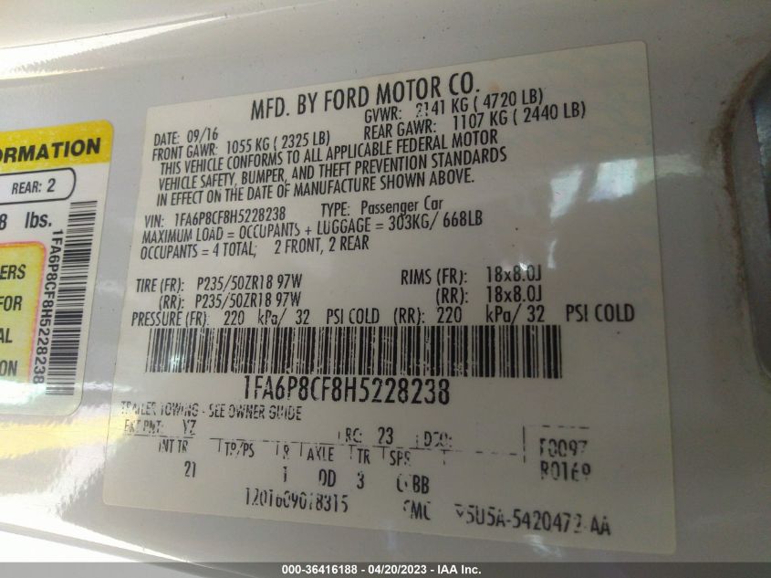2017 Ford Mustang Gt VIN: 1FA6P8CF8H5228238 Lot: 36416188
