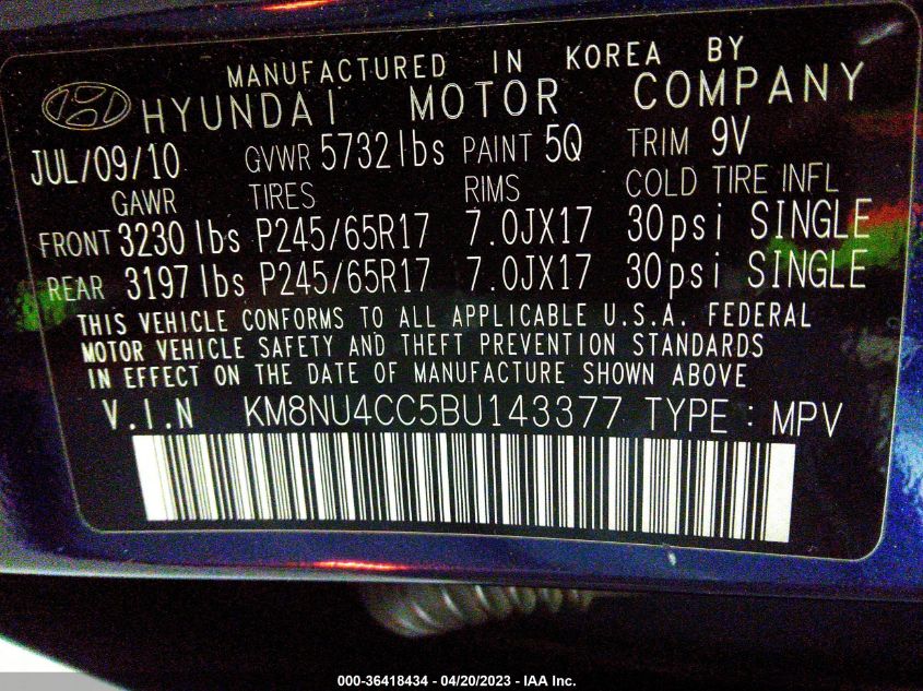 2011 Hyundai Veracruz Gls VIN: KM8NU4CC5BU143377 Lot: 36418434