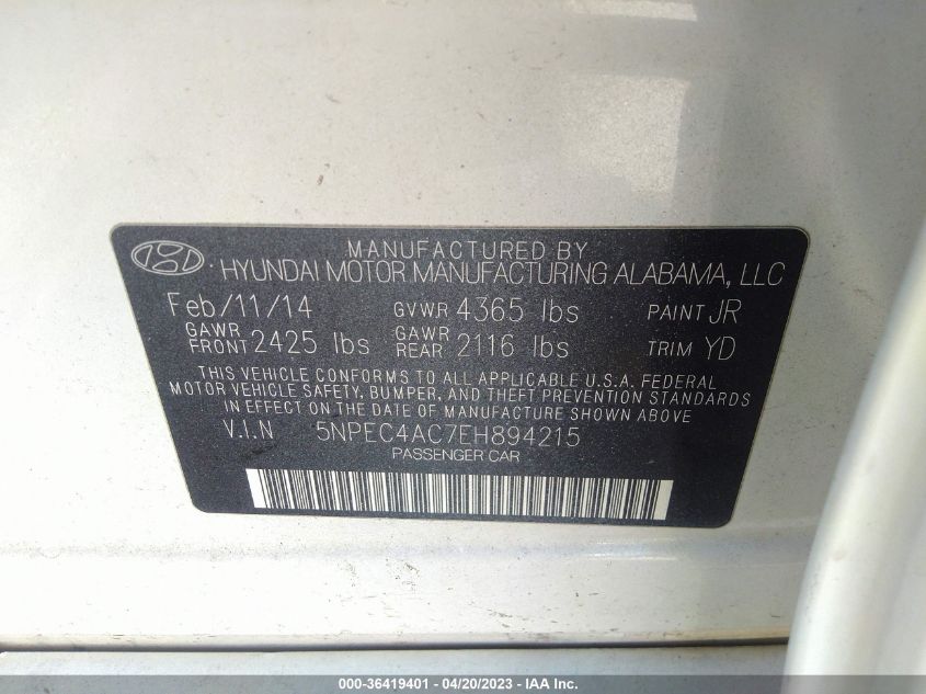 2014 Hyundai Sonata Limited VIN: 5NPEC4AC7EH894215 Lot: 36419401