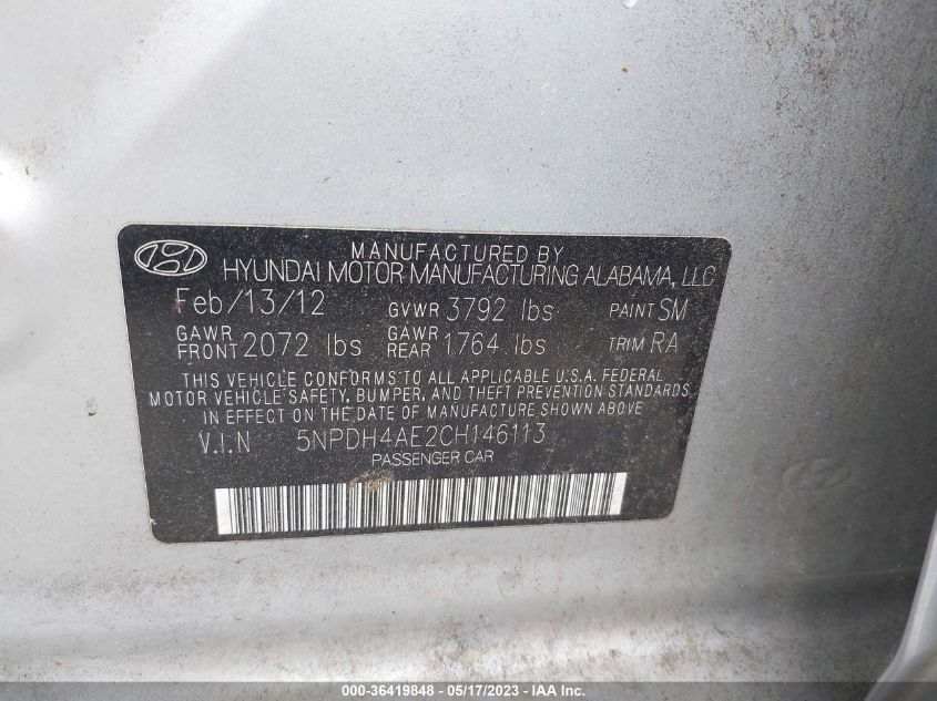 5NPDH4AE2CH146113 2012 Hyundai Elantra Gls