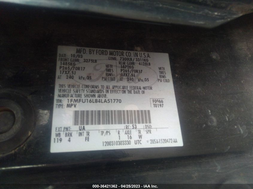 2004 Ford Expedition Nbx/Xlt VIN: 1FMFU16L84LA51770 Lot: 36421362