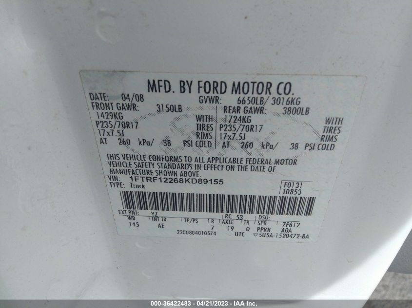 1FTRF12268KD89155 2008 Ford F-150 Xlt/Stx/Xl