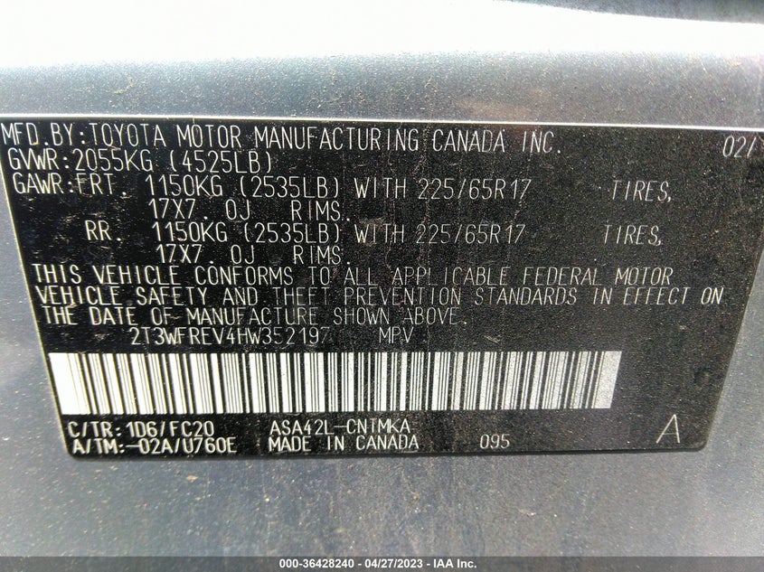 2017 TOYOTA RAV4 XLE VIN: 2T3WFREV4HW352197