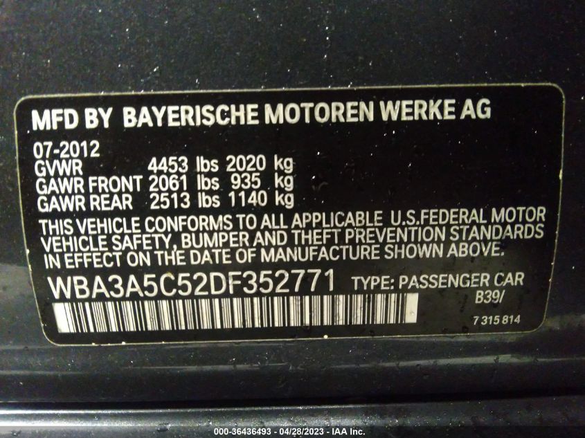 2013 BMW 3 Series 328I VIN: WBA3A5C52DF352771 Lot: 36436493