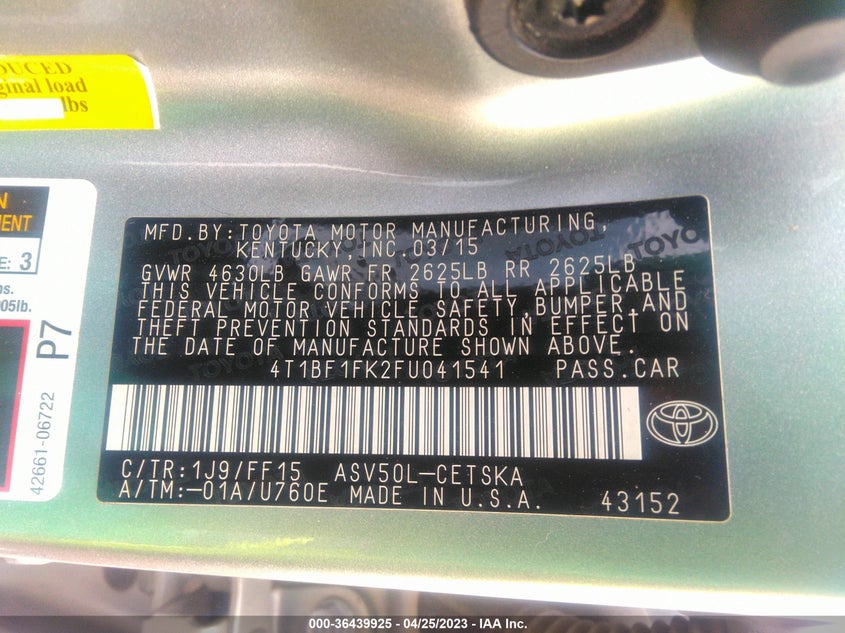 2015 Toyota Camry Xle/Se/Le/Xse VIN: 4T1BF1FK2FU041541 Lot: 36439925