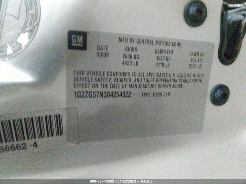 2008 Pontiac G6 VIN: 1G2ZG57N384254022 Lot: 36440209