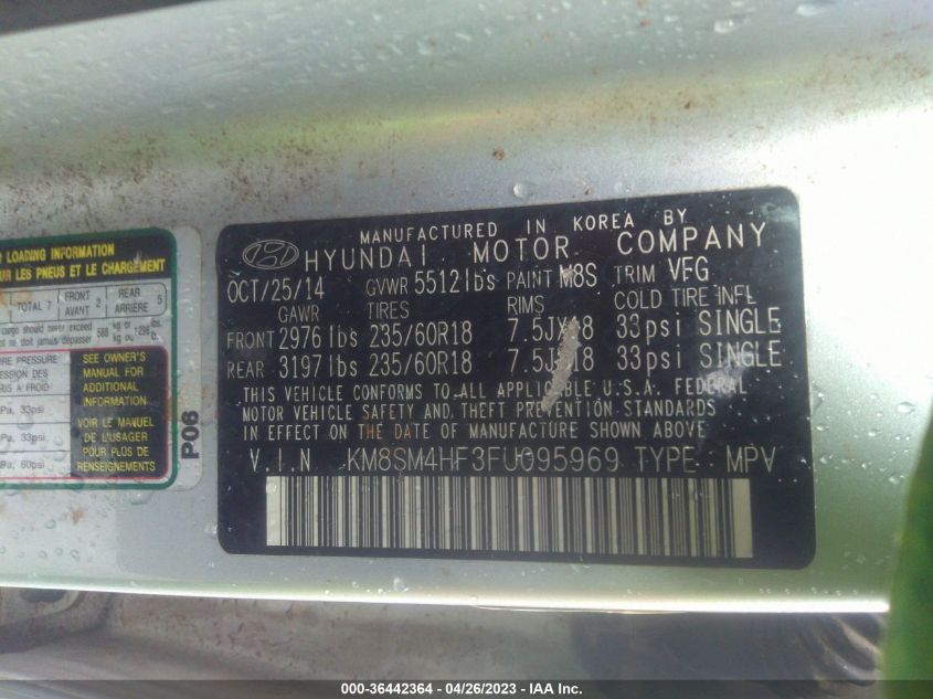 2015 Hyundai Santa Fe Gls VIN: KM8SM4HF3FU095969 Lot: 36442364