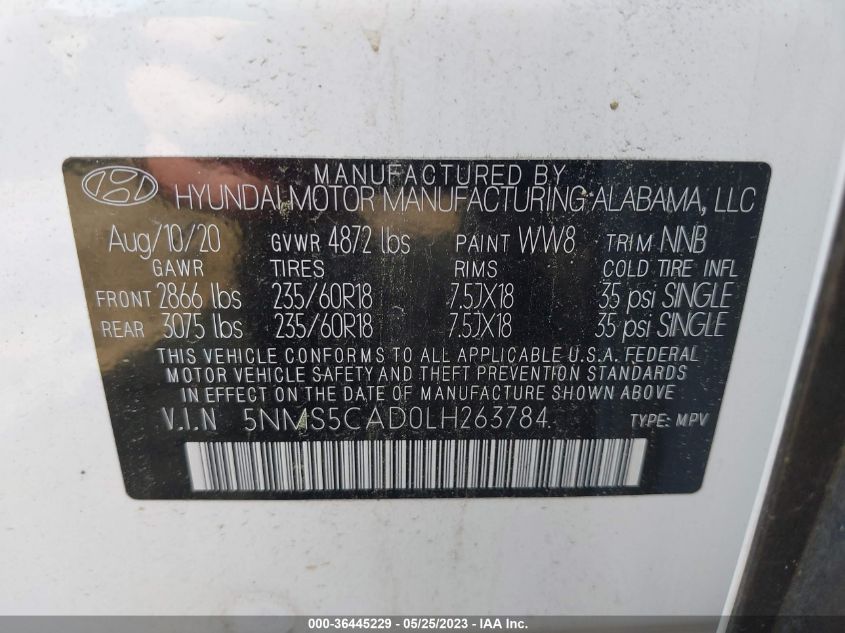 2020 Hyundai Santa Fe Limited VIN: 5NMS5CAD0LH263784 Lot: 36445229