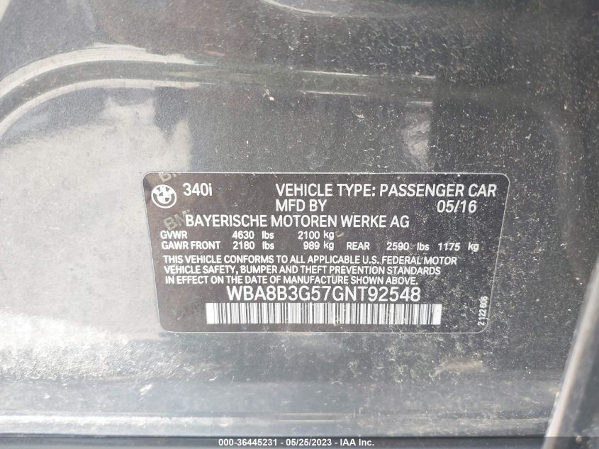 2016 BMW 3 Series 340I VIN: WBA8B3G57GNT92548 Lot: 36445231