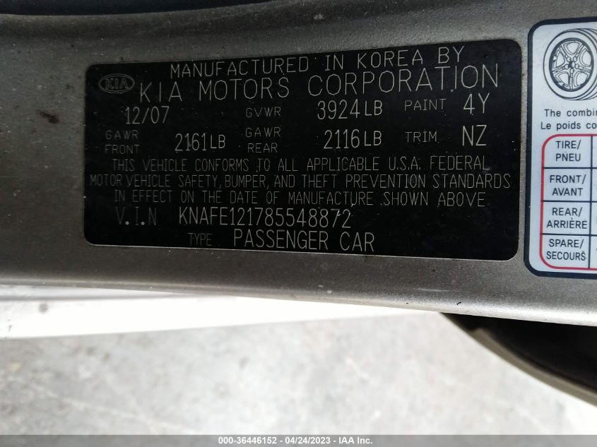 2008 Kia Spectra Ex VIN: KNAFE121785548872 Lot: 36446152