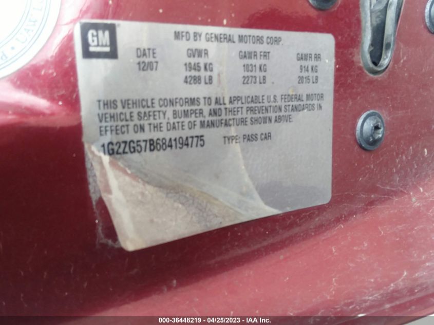 2008 Pontiac G6 VIN: 1G2ZG57B684194775 Lot: 36448219