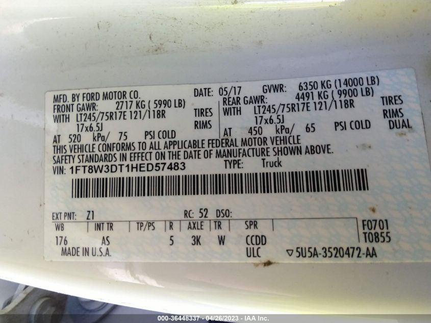 2017 Ford F-350 Xl VIN: 1FT8W3DT1HED57483 Lot: 36448337