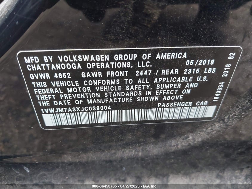 2018 VOLKSWAGEN PASSAT VIN: 1VWJM7A3XJC038004
