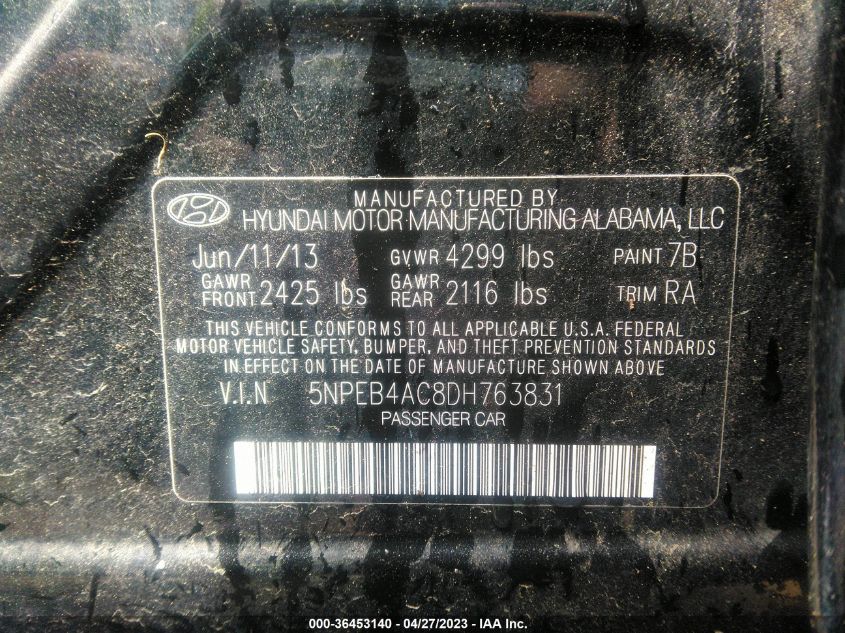 2013 Hyundai Sonata Gls VIN: 5NPEB4AC8DH763831 Lot: 36453140