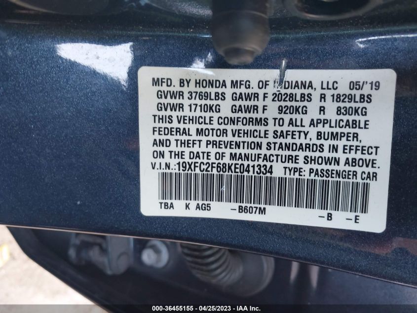 2019 Honda Civic Lx VIN: 19XFC2F68KE041334 Lot: 36455155