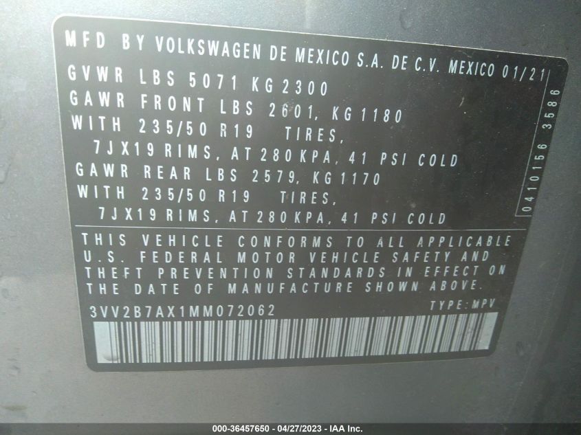 2021 Volkswagen Tiguan 2.0T Se R-Line Black/2.0T Sel/2.0T Se VIN: 3VV2B7AX1MM072062 Lot: 36457650