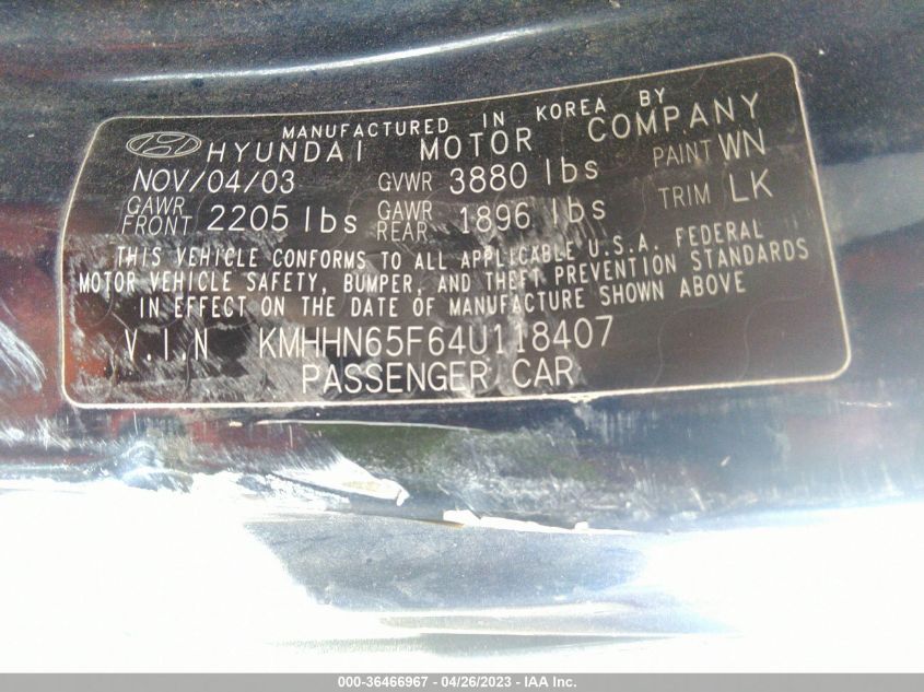 2004 Hyundai Tiburon Gt Sp Ed/Gt V6/Gt V6 Special Edition VIN: KMHHN65F64U118407 Lot: 36466967