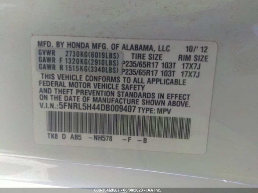 2013 Honda Odyssey Ex VIN: 5FNRL5H44DB009407 Lot: 36469587