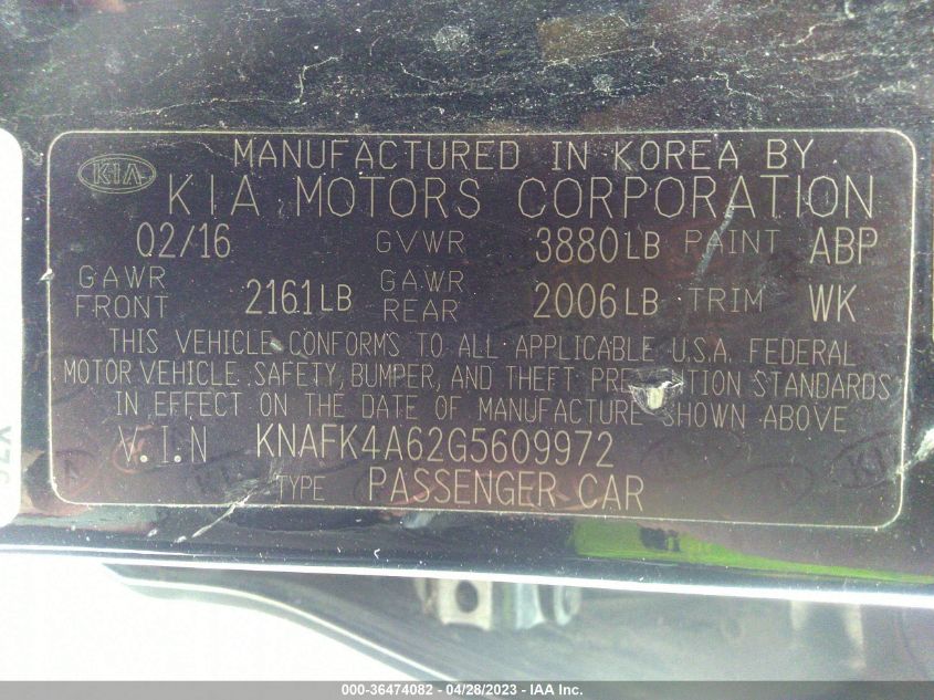 KNAFK4A62G5609972 2016 Kia Forte Lx