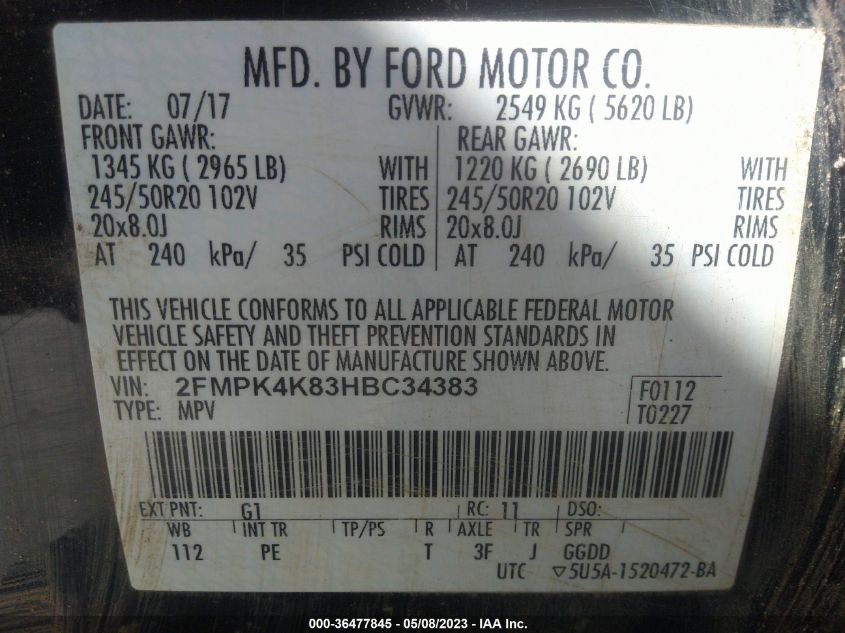 2FMPK4K83HBC34383 2017 Ford Edge Titanium