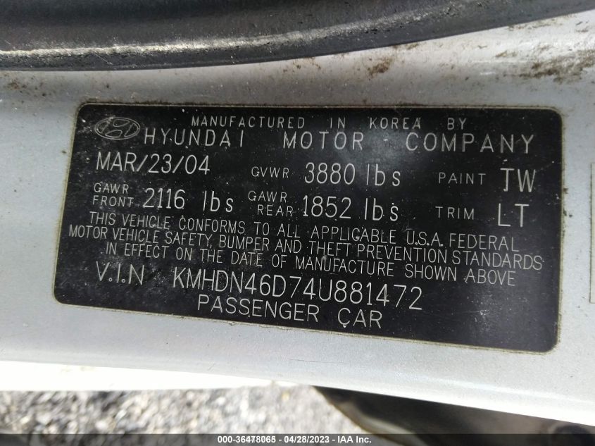 KMHDN46D74U881472 2004 Hyundai Elantra Gt/Gls