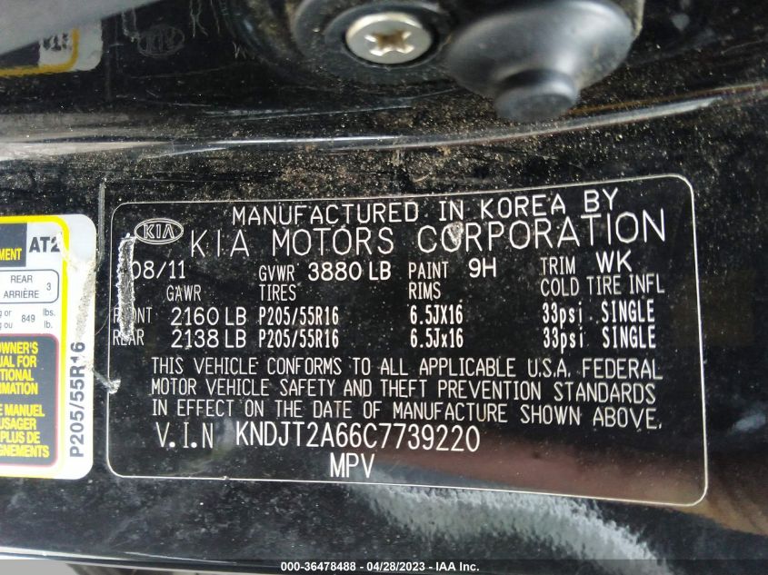 2012 Kia Soul + VIN: KNDJT2A66C7739220 Lot: 36478488