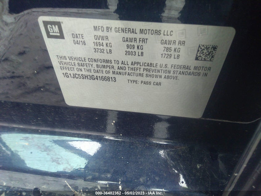 2016 CHEVROLET SONIC VIN: 1G1JC5SH3G4166813