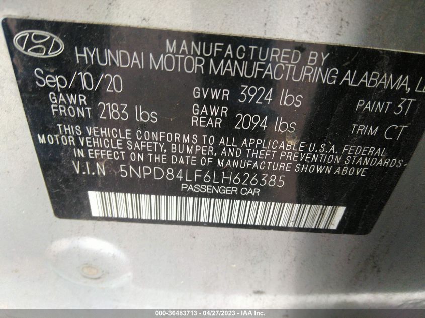 2020 Hyundai Elantra Sel VIN: 5NPD84LF6LH626385 Lot: 36483713