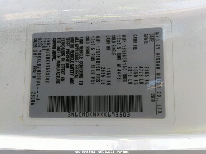 2019 Nissan Nv200 S VIN: 3N6CM0KNXKK693503 Lot: 36485166