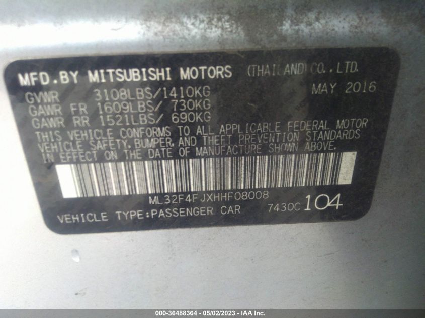 2017 Mitsubishi Mirage G4 Se VIN: ML32F4FJXHHF08008 Lot: 36488364