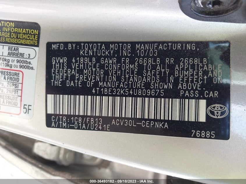 2004 Toyota Camry Le VIN: 4T1BE32K54U809675 Lot: 36493182