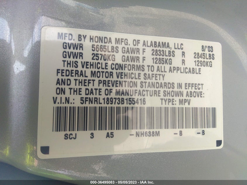 2003 Honda Odyssey Ex-L VIN: 5FNRL18973B155416 Lot: 36495083